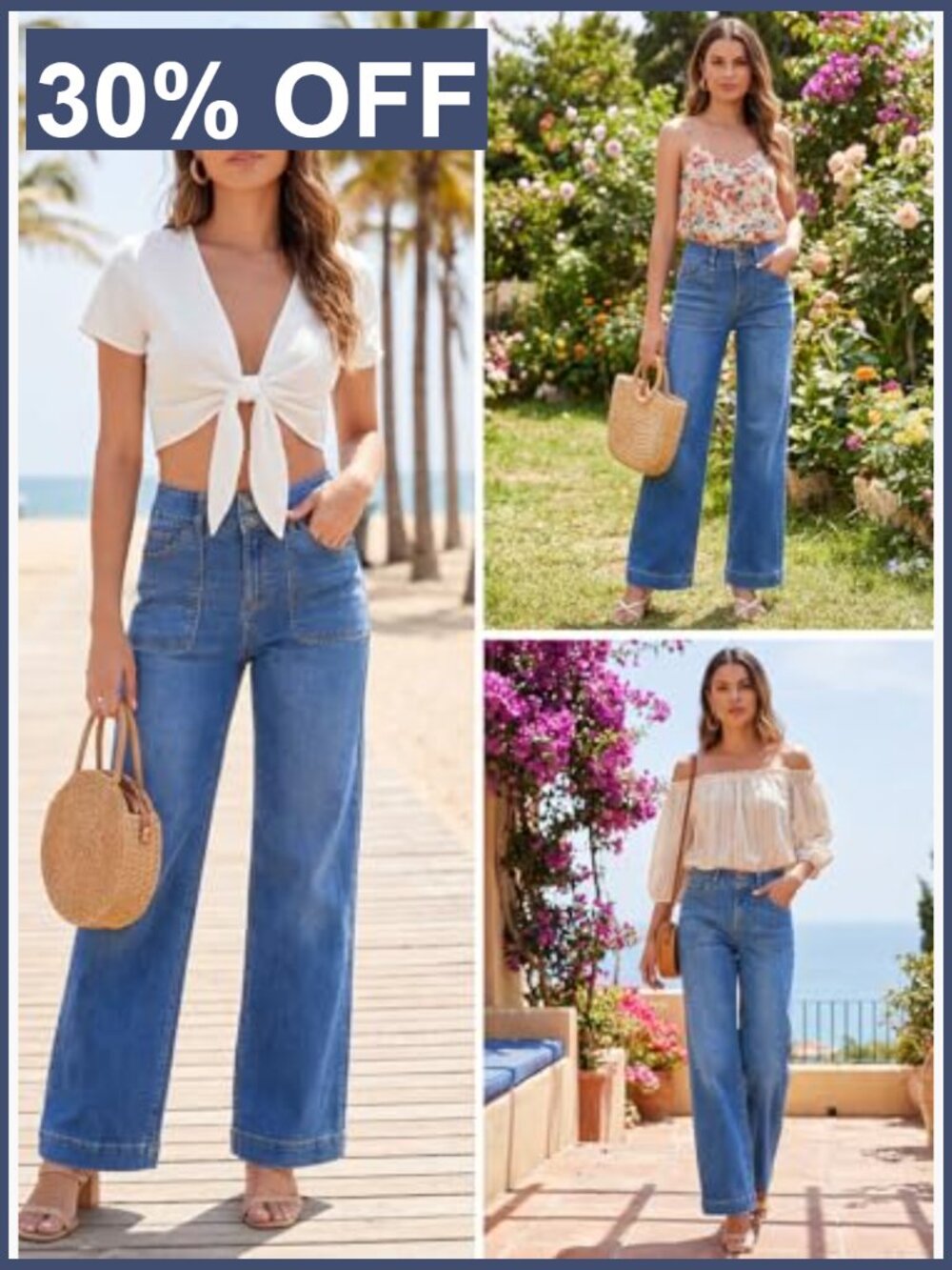 High Waisted Wide Leg Jeans Stretchy Tummy Control Straight Leg Denim Pants - Picture 6 of 7
